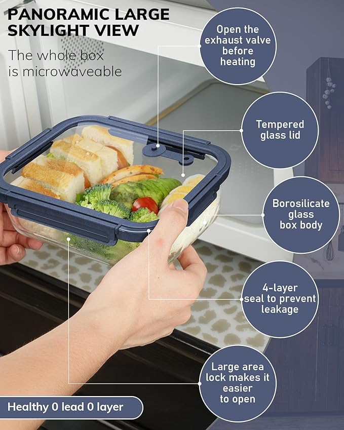 BOROHOUSE 2-Pack Glass Food Storage Containers with Tempered Lids (21.3oz/2.7cup) - Airtight Snap Lock, Microwave & Oven Safe (-4℉~ 950°F), Freezer to Baking Dish, BPA-Free, Gift Box (Blue)