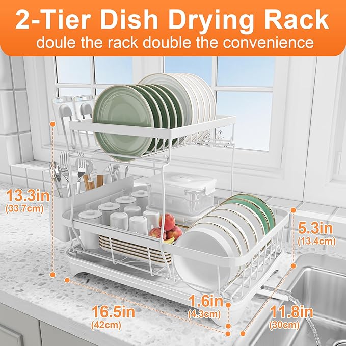 HOMEBOSILY Dish Drying Rack - Auto Draining Dish Rack for Kitchen Counter, Large Capacity Dish Drainers Organizer with Drainboard, 2-Tier Drying Rack with Utensil Holder White