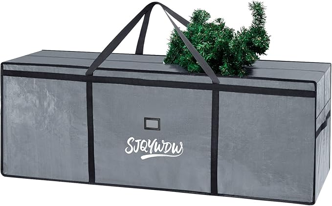 Christmas Tree Storage Bag 9ft, Heavy Duty Artificial Xmas Bag with Reinforced Handles, Dual Zippers Wide Opening, Two Mesh Pockets, PE Large Storage Container for Decorations Trees (Grey)
