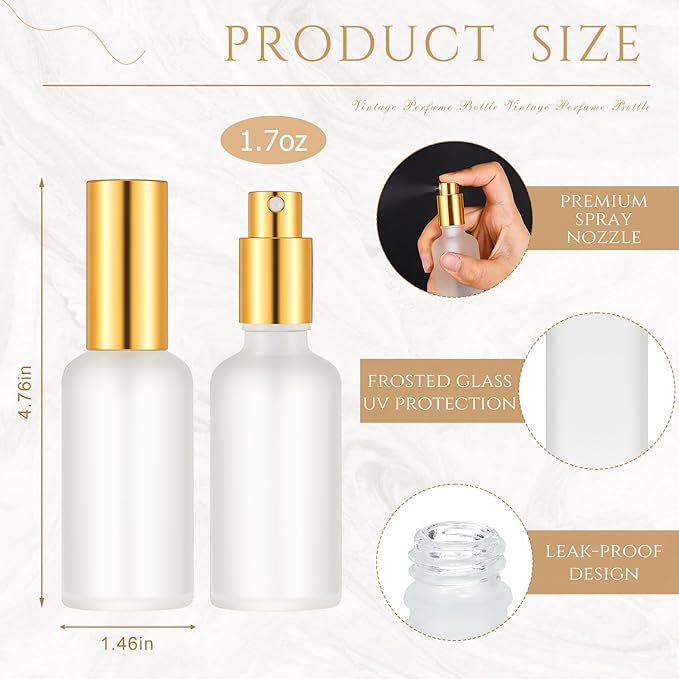 Roshtia 30 Pcs 50ml Gold Glass Spray Bottle Refillable Perfume Atomizer Clear Decorative Empty Bottles with Fine Mist Sprayer Pump for Face Body Travel