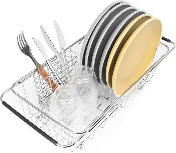 BTLATHA Sink Dish Drainer Rack, Expandable 304 Stainless Steel Dish Drying Rack Organizer with Stainless Steel Utensil Rack, Adjustable 14.96" to 20.59" Inside The Sink (up to 7 Upright Utensils).