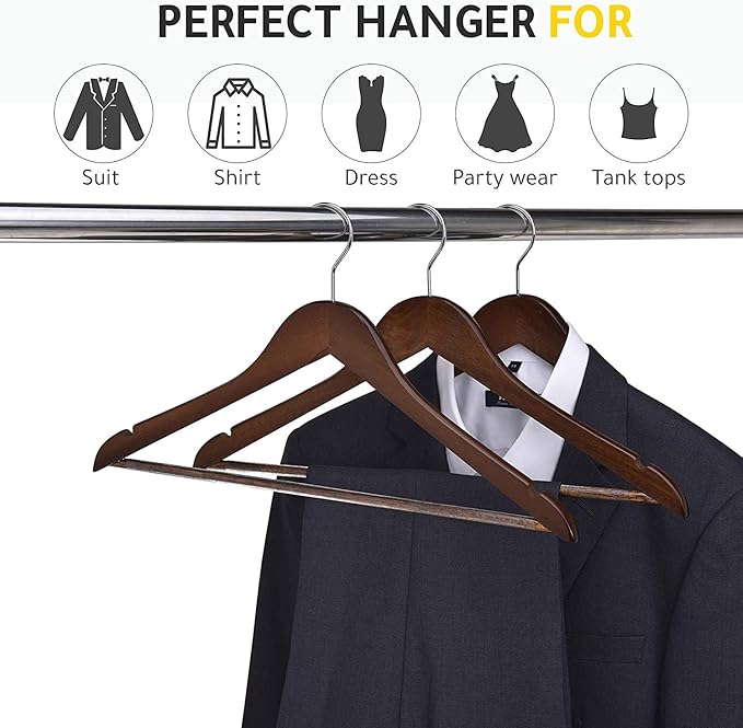 Quality Wooden Hangers - Slightly Curved, Solid Walnut Coat Hangers with Chrome Hooks - Heavy-Duty, 90 Pack Sets for Clothes, Jackets, Shirts, Pants, Suits