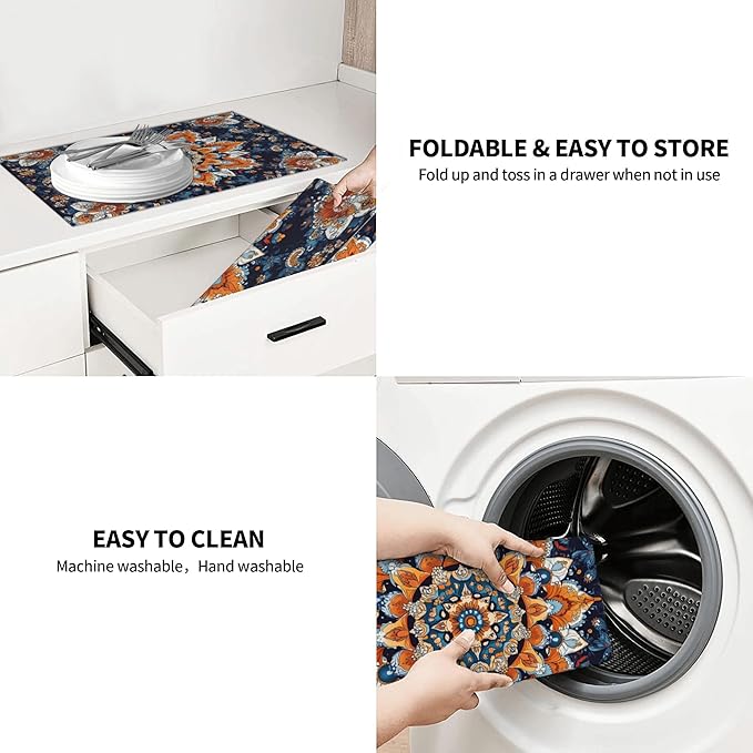 Mandala Flowers Dish Drying Mat for Kitchen Counter Microfiber Super Absorbent Non-Slip Dish Drying Pad for Countertops Dishes Utensils Stylish Quick-Dry Machine Washable 18x24 Inch