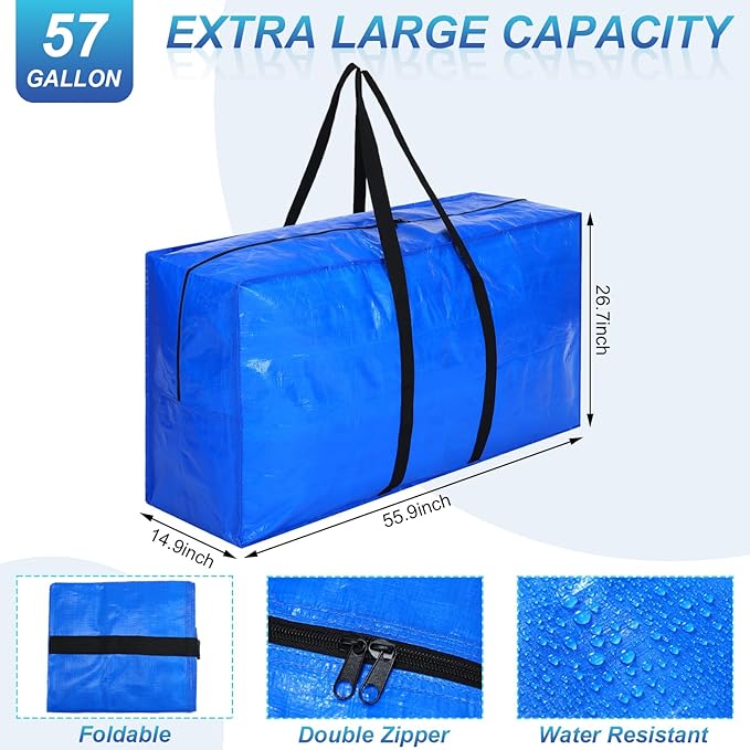 Windyun 4 Pack 98 Gallon Extra Large Moving Bags XXL Heavy Duty Storage Bag with Strong Zipper Handle Jumbo Big Tote Box Foldable for College Dorm Travel Clothes Duffle Blanket Pillow(Blue)