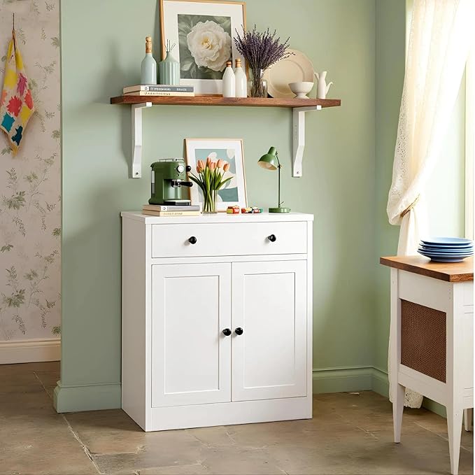 CJF Metal Pantry Cabinet, Coffee Bar Cabinet with Drawer & Adjustable Shelf, Sideboard Cabinets Kitchen Storage, Coffee Bar, Bathroom, Entryway, Home Office, Pantry-White