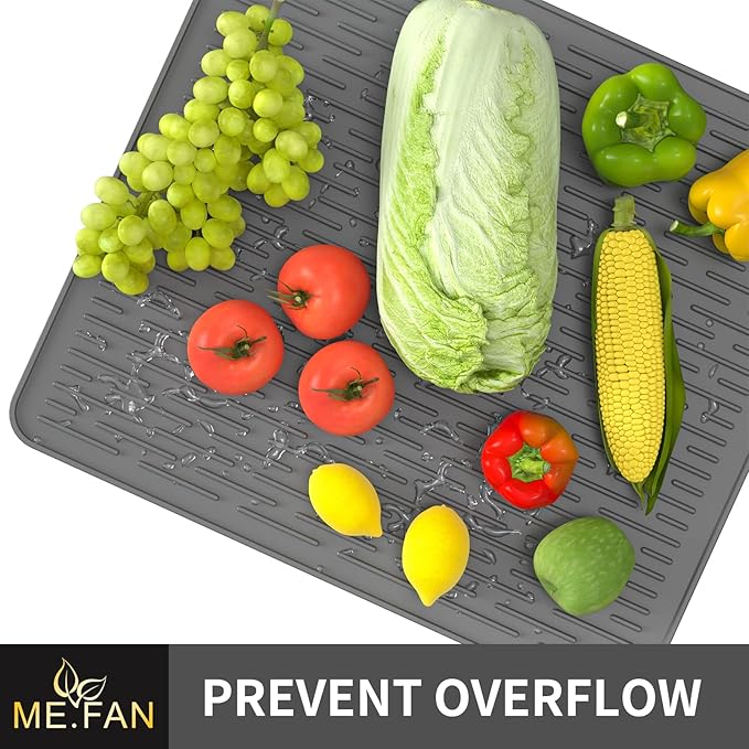 ME.FAN Silicone Dish Drying Mat for Kitchen Counter, Dish Drying Pad for Sink, Refrigerator or Drawer, Countertop Protection Pad L - 18''×16'' - Grey