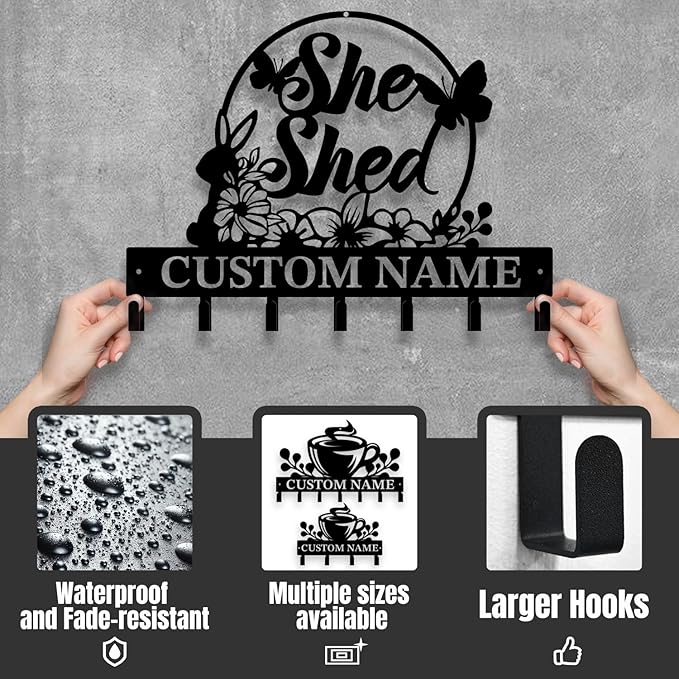 Personalized She Shed Metal Keys Hooks,Custom Name Metal She Shed Keys Hooks,Black Metal She Shed Wall Home Storage Decorative Keys Hooks,Key Holder Hooks for Wall (Style I)