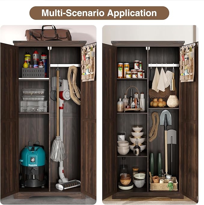 Farmhouse Storage Cabinet with Adjustable Shelves, Large Pantry Organize with 2 Barn Doors, Tall Freestanding Cabinet for Kitchen, Bathroom, Garage, Basement, Living, Utility Room, Rustic Brown