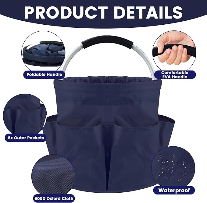 Cleaning Caddy with Handle and 6 Pockets, 17L Cleaning Supplies Organizer, 600D Oxford Fabric Storage Basket, Multifunctional Bucket Bag for Picnics, Camping, Gardening, Bathing (Dark Blue)