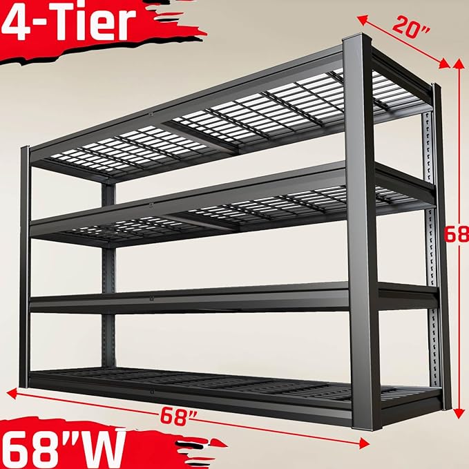 SKZNSA 68" Wide Heavy Duty Garage Shelving Units, 4-Tier Deep Storage Shelves,Black Metal Garage Shelves,Steel Shelf,Large Storage Rack,Industrial Shelving for Shop, 68" W x 20" D x 68" H, 2 Pack