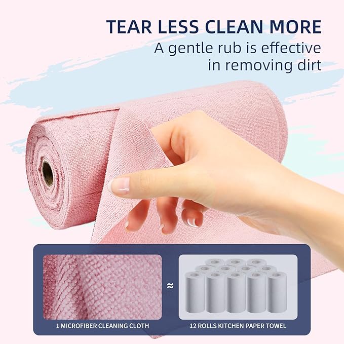 Microfiber Cleaning Cloth Roll - 85 Pack, Tear Away Microfiber Towels, 12" x 12", Reusable, Washable, Streak Free, Ultra Absorbent Dish Rags for Car, Home, Garage or Shop (Pink)
