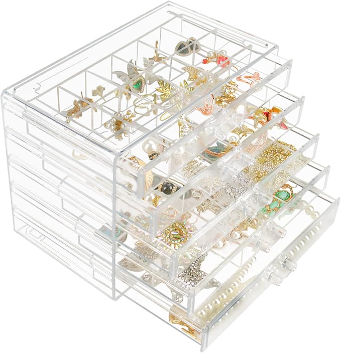 Weiai Clear Acrylic Jewelry Organizer, 90 Grids Adjustable Dividers Earrings Rings Storage Box