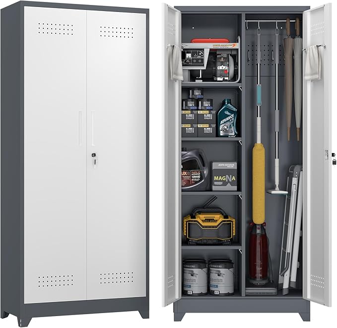 72.8" H Metal Garage Storage Cabinets with Doors and Shelves, Broom Closet Storage Cabinet, Tool Cabinets with Hanging Rod, Cleaning Storage Cabinets for Garage,Bedroom Office Grey&White