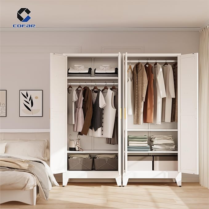 COFaR 71'' Metal Wardrobe Closet, Bedroom Armoire Cabinet with Adjustable Hanging Rod and Shelves, 2 Doors Farmhouse Closet Storage for Garage Laundry, White Roperos para Guardar Ropa