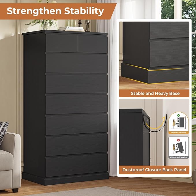 DICTAC Black Tall Dresser for Bedroom with 8 Drawers, 59.6" Tall Dressers & Chests of Drawers, Modern Wood Closet Organizer and Storage Cabinet, Large Vertical Dresser for Bedroom, Closet, Hallway
