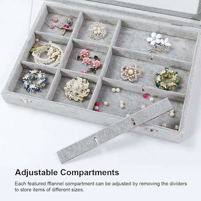 Jewelry Tray 12 Grid Velvet Jewelry Organizer with Clear Lid Transparent Earring Bracelet Organizer Holder Case with Clasp Drawer Insert for Rings Studs Gift for Women Girls (Grey)