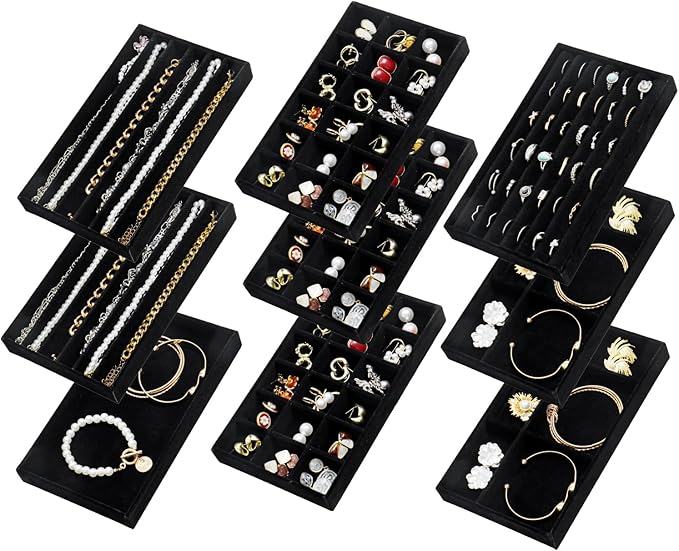 SPAKOWN Jewelry Drawer Organizer Inserts Set of 9, Jewelry Trays for Drawers Velvet Jewelry Organizer Tray Drawer Jewelry Organizers and Storage for Earring Ring Necklace Watch Bracelet (Black)