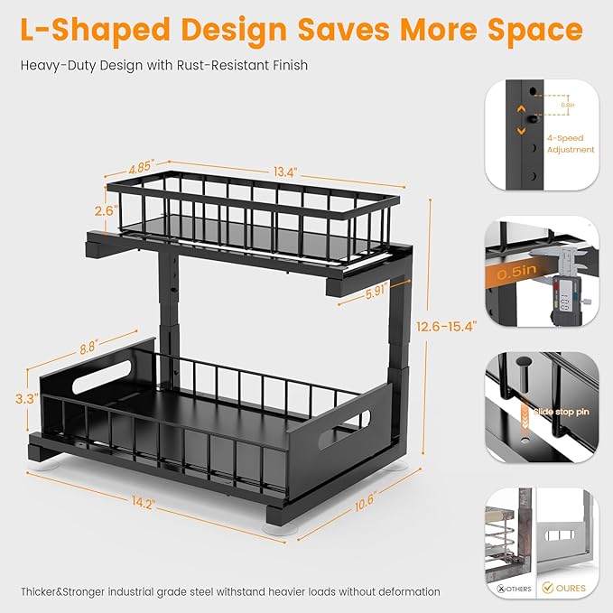 Toyear Under Sink Organizer, Heavy Duty Metal Pull Out Cabinet Organizer Slide Out Sink Shelf Organizer Height Adjustable, Multi-Purpose Storage Shelf for Kitchen Bathroom(Black,1Pack)