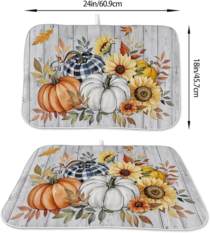Fall Dish Drying Mat 18 x 24 Inch Thanksgiving Sunflower Pumpkin Drying Mat for Kitchen Counter Absorbent Farmhouse Harvest Autumn Maple Leaf Dishes Dry Pad for Drainer Rack Kitchen Fast Dry