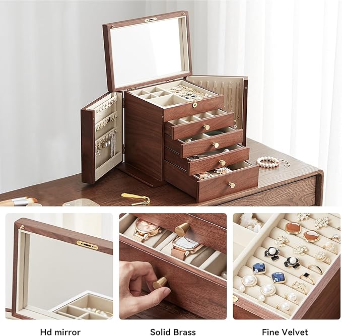 CHOSIN Black Walnut Wooden Jewelry Box for Women with Mirror, 5 Drawers and 2 Side Doors for Watches, Necklaces, Rings, Earrings Storage Valentine's Day Gift