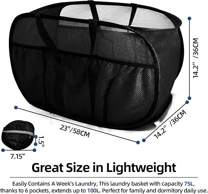 2 Pack Collapsible Laundry Baskets, Upgrade Pop Up Laundry Hamper with Convenient Bags, Foldable Laundry Basket Mesh Light Weight, Easy to Carry Clothes Hampers for Laundry, Dorm, Toys, Travel Black