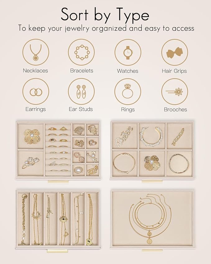 Vlando Jewelry Box for Women Girls,Jewelry Organzier,4 Drawers,Glass Lid Jewelry Display Storage for Gem Diamond Necklaces Rings Earrings Bracelets Apricot White