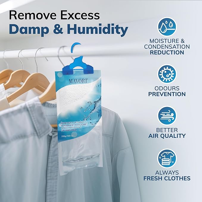 MAVORI Hanging Moisture Absorber Bags, Dehumidifier Bags for Closet, Wardrobe and Laundry Room, Reduce Moisture, Odors, and Dampness, Long-Lasting Humidity Control, 16.9 oz per Bag (Pack of 10)
