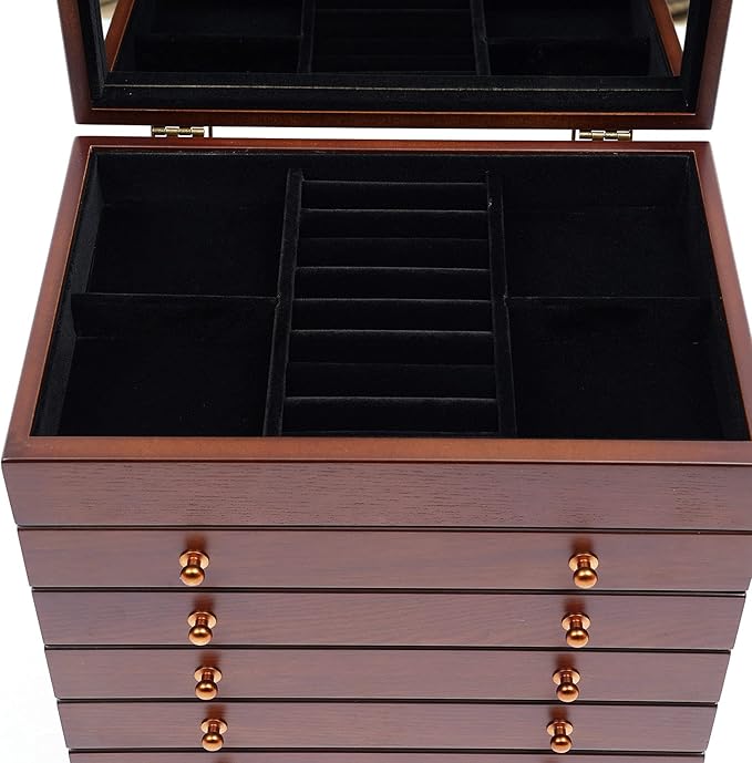 Eapmic Extra Large 6 Layers Wooden Jewelry Box Jewelry Case Cabinet Armoire Ring Necklacel Gift Storage Box Organizer(6 Layers,W/mirror,Style 2)