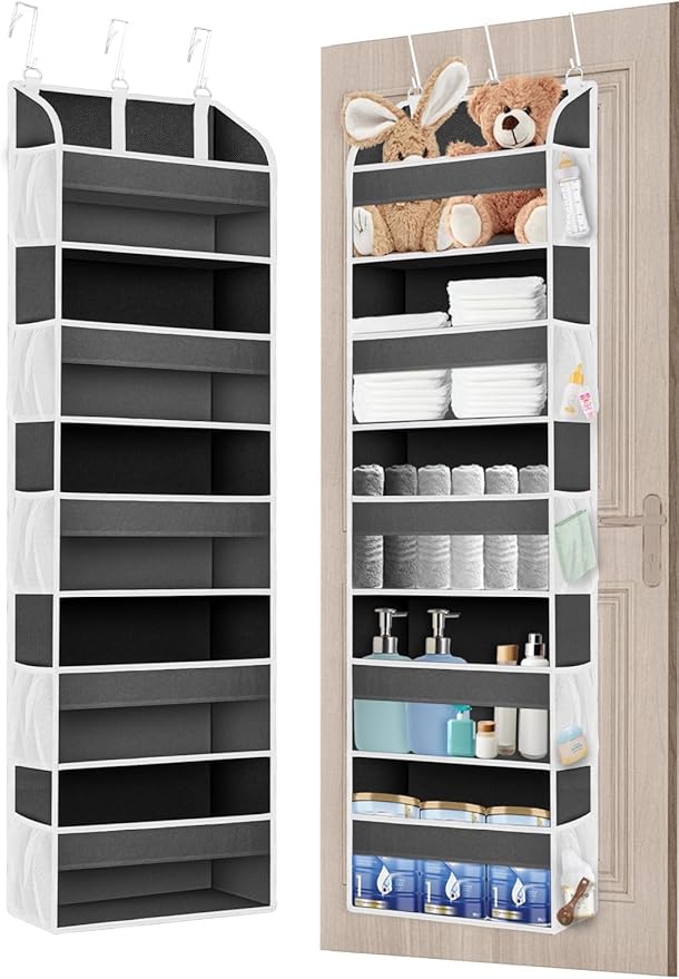 TAHAVICE 1 Pack Over The Door Organizer Storage, Hanging Organizer Closet with 5 Large Pockets 10 Mesh Pockets, 44 lbs Weight Capacity, Behind Door Storage for Nursery Bedroom Bathroom (Dark Grey)