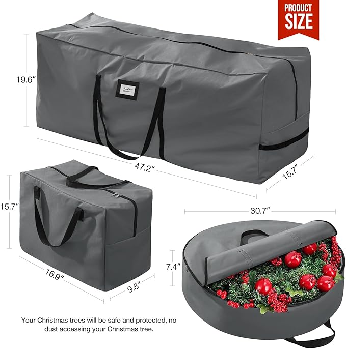 3 Pack Christmas Tree Storage Bag, for 7.5 Ft Artificial Trees up, Durable Waterproof With Reinforced Carrying Handles, Xmas Holiday Garland Bag Storage Case (7.5 Ft, Grey)