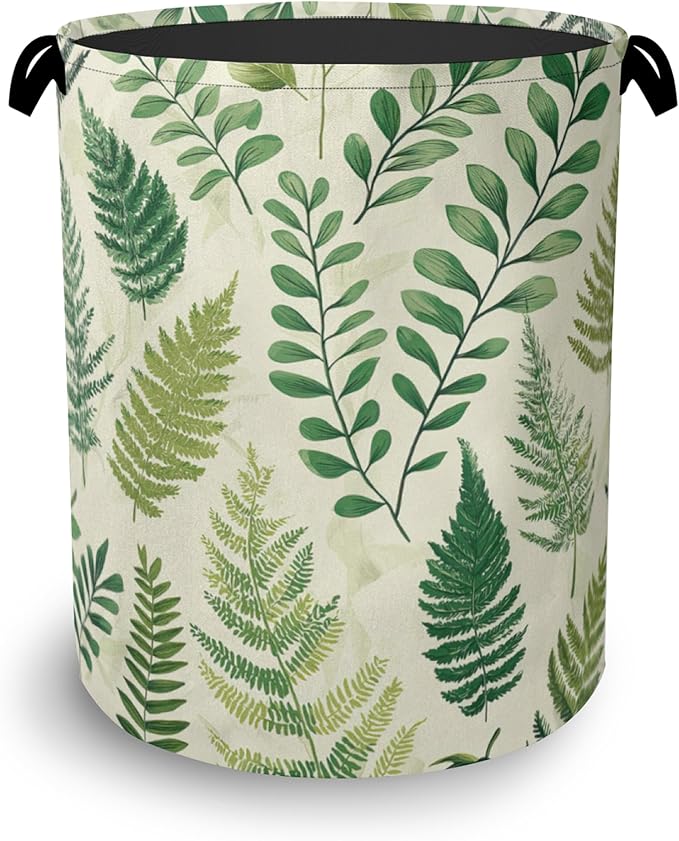 Fern Herbs Laundry Hamper,Botanical Floral Leaf Dirty Clothes Laundry Basket with Handles Waterproof Oxford Cloth Storage Basket for College Dorms Bathroom Bedroom 16" x 20.8"