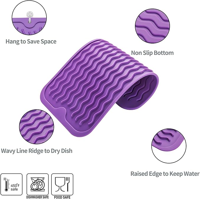 MicoYang Silicone Dish Drying Mat for Multiple Usage,Easy clean,Eco-friendly,Heat-resistant Silicone Mat for Kitchen Counter or Sink,Refrigerator or Drawer Liner Purple S 12 inches x 6 inches