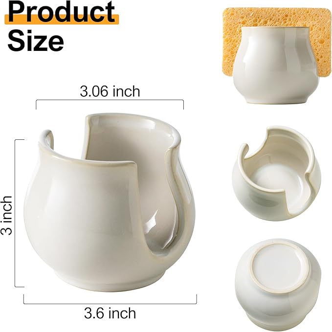 Zoeeker Sponge Holder for Kitchen Sink Counter, Ceramic Dish Sponge Caddy White Sink Organizer Dish Rack Farmhouse Brush Holder for Bathroom, Kitchen, White