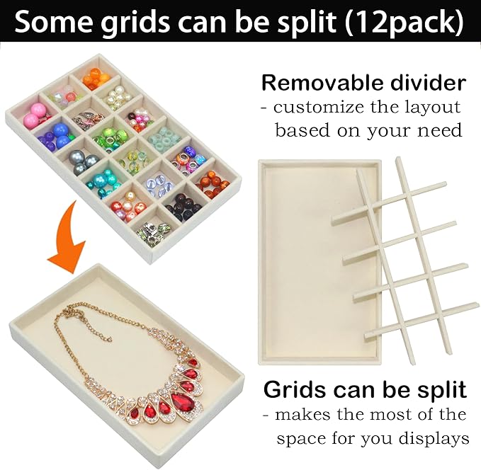 12 Pack Different Jewelry Organizer Trays for Drawer Stackable Adjustable Velvet Jewelry Box Tray Earring Holder Organizer