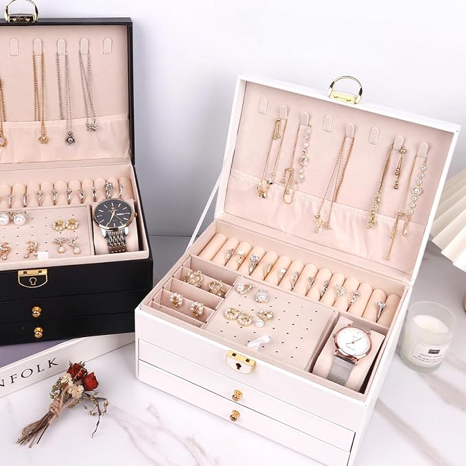 3 Layer Jewelry Organizer Box with Drawers, Lockable PU Leather Jewelry Storage Case for Necklace Earring Ring Bracelet Watch, White