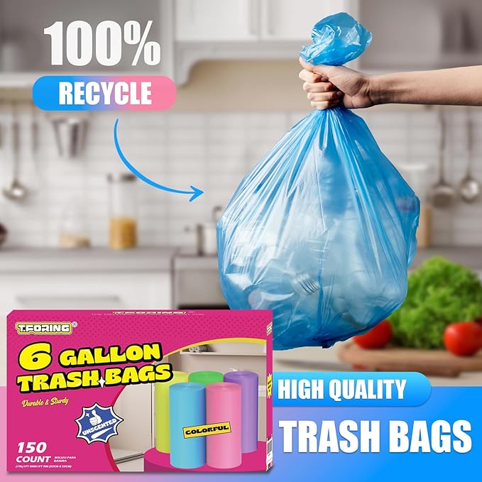 T.FORING 6 Gallon Trash Bags Colored 0.94 Mil Thick - 150 Count Medium Garbage Bags for Bathroom, 22 Liter Plastic Wastebasket Liners for Home Office Kitchen
