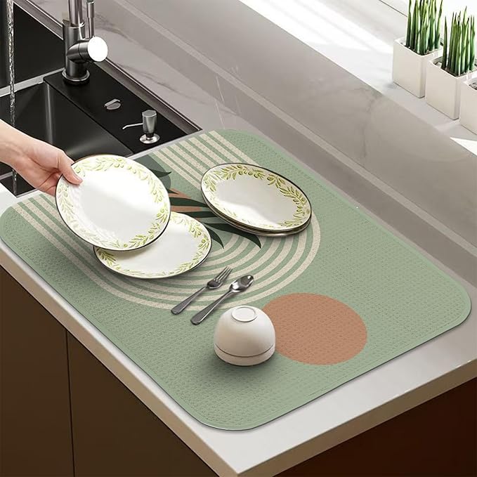 Quick Absorbent Kitchen Drying Mat - Stylish Patterns Dish Drying Mat- 16×18 Inch & 18×24 Inch Kitchen Drainer Mat for Countertops, Dishes & Glassware