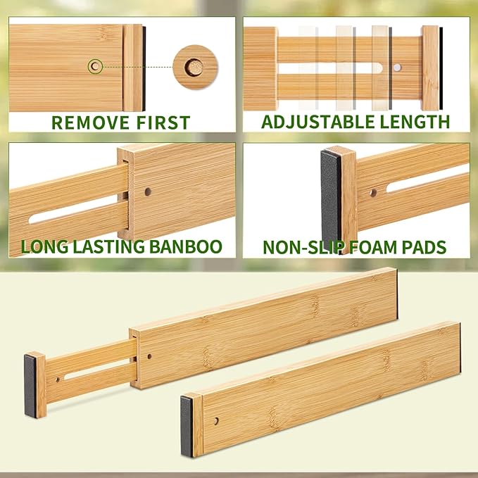 Aubeco 6 pcs Large Bamboo Drawer Dividers, Expandable 17"-22" Wooden Organizers for Kitchen, Office, Dresser, Bedroom, Clothes