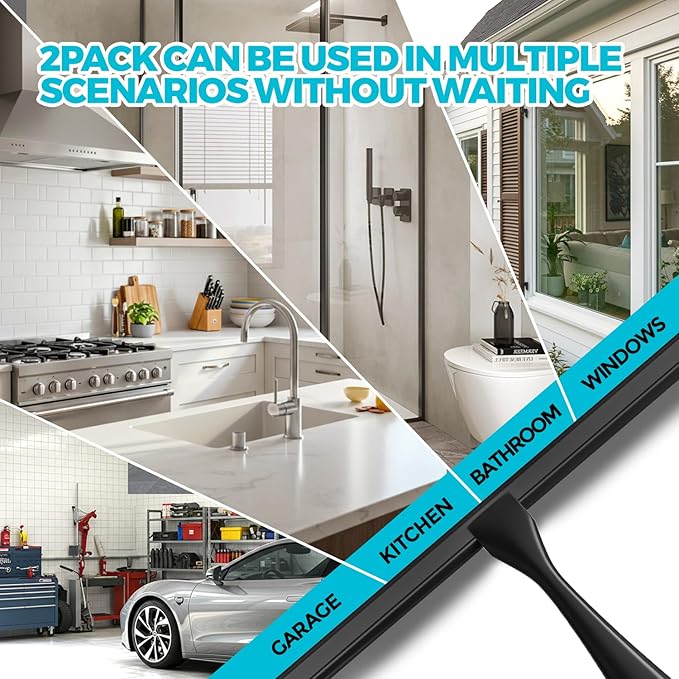 ALFLOD 2PACK All-Purpose Shower Squeegee for Shower Doors, Tile Shower Walls, Bathroom, Window, Glass and Car Windshield, Mirrors and Kitchen-Stainless Steel, 10 Inches, Black