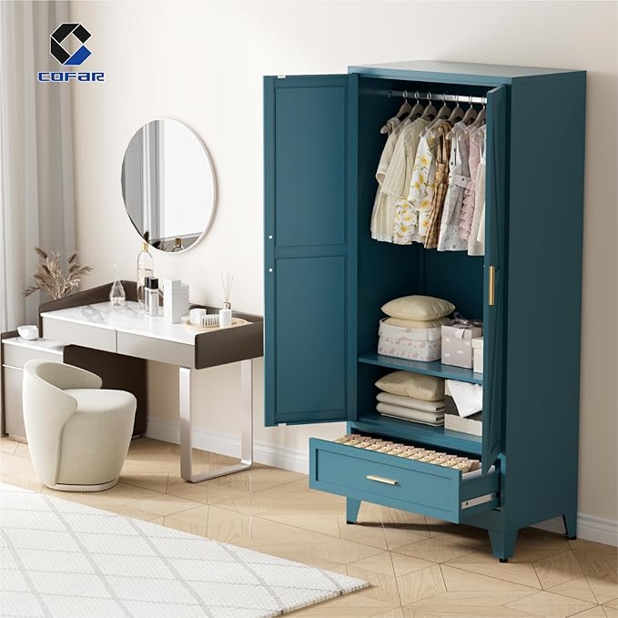 COFaR Metal Armoire Wardrobe Closet with Drawer, 71'' Tall Farmhouse Bedroom Armoires with Doors and Hanging Rod, Freestanding Steel Wardrobe Cabinet Coat Closet for Bedroom, Peacock Blue