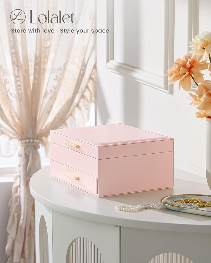 Lolalet 2-Layer Jewelry Boxes Organizer for Women Girls, Jewelry Storage Case Holder with Drawers for Necklaces Rings Earrings Bracelets Watches, Gifts Choice for Girlfriend Wife -Pink