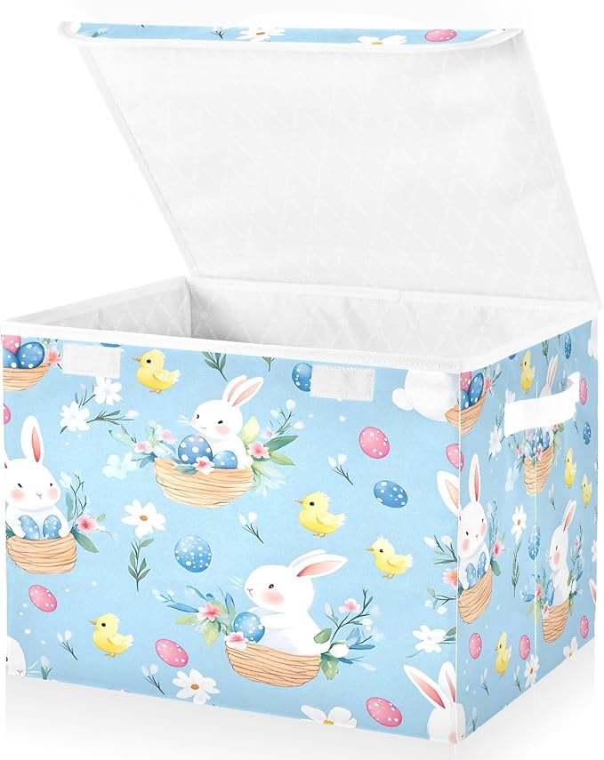 Bolaz Cute Bunny Easter Egg Pattern Storage Bins with Lids and Handles, Storage Box Basket with Cover Collapsible Organizer Containers for Home Closet, Shelves