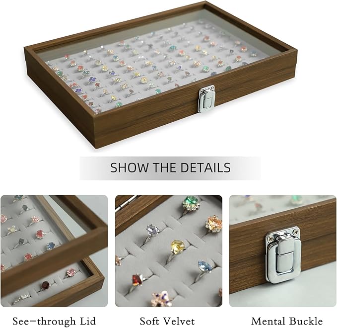 Stratalife Ring Organizer Wood Jewelry Box Ring Holder 100 Slot Jewelry Case Vintage Storage Display Tray for Multiple Rings