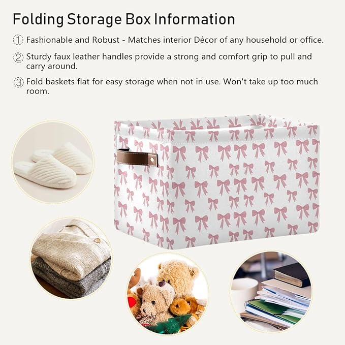 ALAZA Ribbon Bow Cute Foldable Storage Box Storage Basket Organizer Bins with Handles for Shelf Closet Living Room Bedroom Home Office 1 Pack