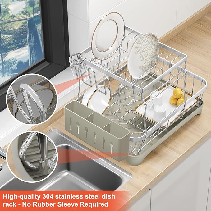 HOMEAILIE 2-Tier Dish Drying Rack for Kitchen Counter, 304 Stainless Steel Dish Rack with Adjustable Drainboard, Removable Utensil Holder & Water Tray, Grey