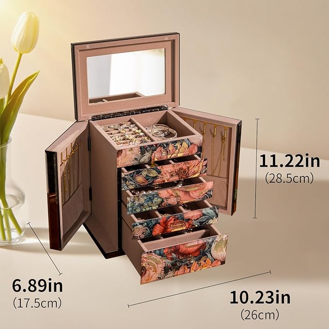 Glass Vintage Painting Jewelry Box,5-Layer Storage Case,Art Desktop Decorations Gift for Women,Jewelry Organizer For Necklaces Rings Earrings Bracelets