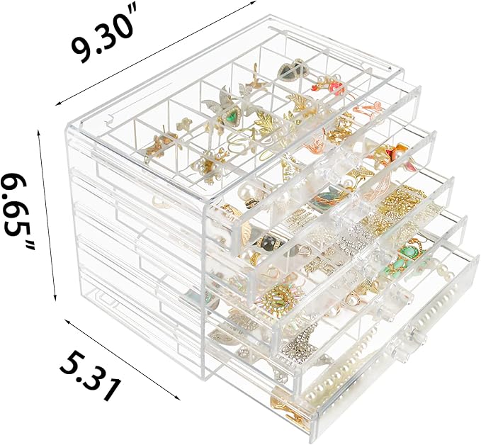 Weiai Clear Acrylic Jewelry Organizer, 90 Grids Adjustable Dividers Earrings Rings Storage Box