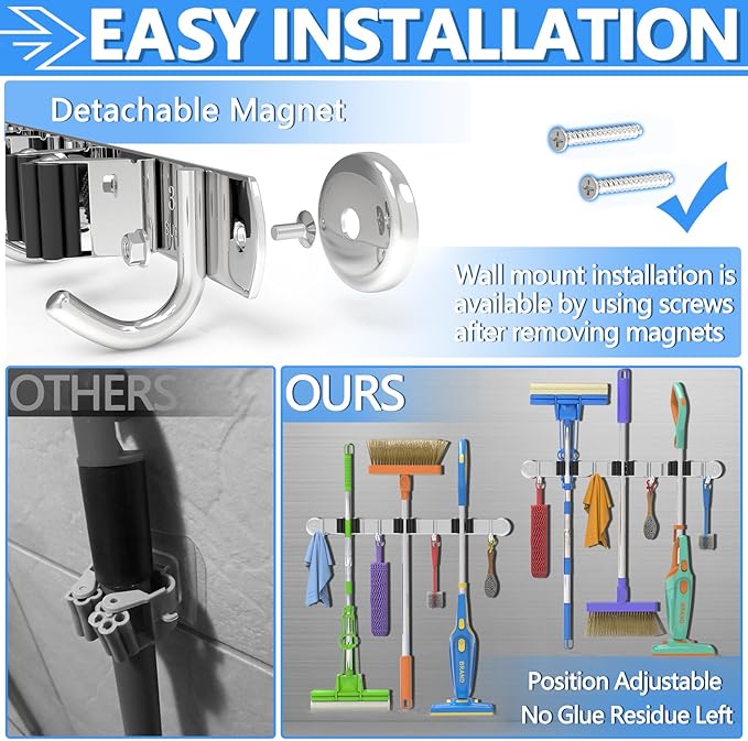 3-H Magnetic Broom Holder Wall Mount 2 Pack, 2-in-1 Dual Mount (No Drill or Screw Fix), 304 Stainless Steel Heavy Duty Magnet Mop Broom Organizer for Kitchen Garden Garage(4 Racks & 5 Hooks,Silver)