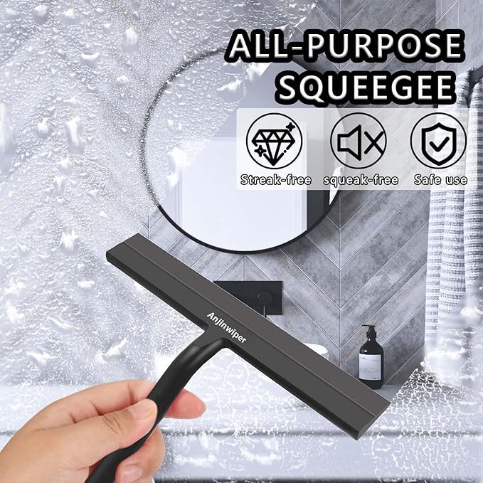 Anjinwiper Shower Squeegee for Glass Doors with Adhesive Hook, All-Purpose Squeegee for Shower Glass, Bathroom, Window, Mirror, Car Glass and Tile Wall-8.6 Inches,Black