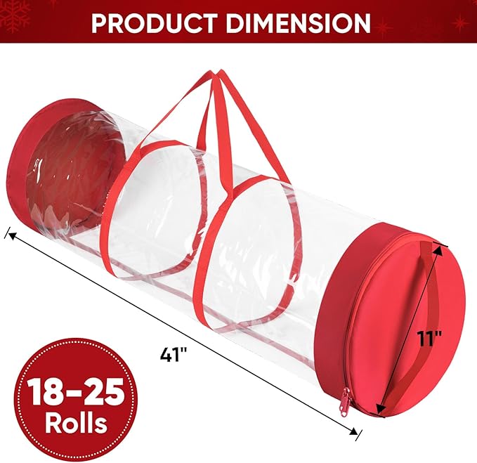 BALEINE Christmas Wrapping Paper Organizer Storage, 41" Gift Wrapping Paper Storage Containers, Clear PVC with Durable 600D Oxford Fabric Gift Wrap Paper Holder Fits 18-25 Rolls, Black